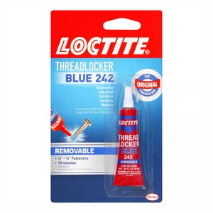 May include: A red and blue Loctite Threadlocker Blue 242 package. The package includes a tube of threadlocker and features the text "Removable" and "Automotive, Industrial, Furniture, Locksets, Mowers". The package also includes the text "The Original Threadlocker".