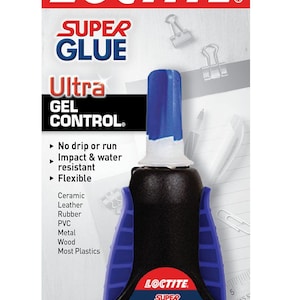 May include: Loctite Super Glue Ultra Gel Control. The packaging is red and white with a blue and black glue bottle. The glue is designed for ceramic, leather, rubber, PVC, metal, wood, and most plastics. The bottle contains 0.14 fl oz (4g) of glue.