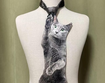 Corbata personalizada con foto de gato, estampado divertido de gato gris, accesorio personalizado para amantes de las mascotas.