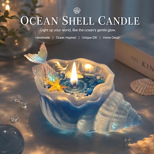 May include: A seashell-shaped candle with a blue gradient wax interior, featuring a lit wick, a small yellow starfish, and a translucent mermaid tail accent. The text reads: OCEAN SHELL CANDLE, Light up your world, like the ocean's gentle glow.