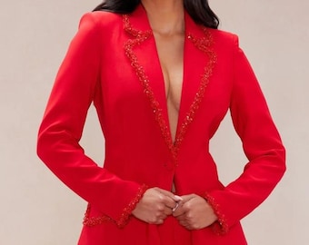 Crimson Elegance Tailored Blazer & Pants Set