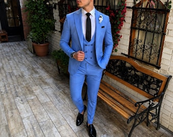 Men's Blue Single-Breasted Coat with Double-breasted Vest Coat- 3 Piece Suit