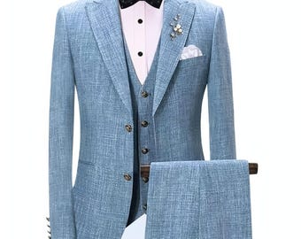 Light Blue Single-Breasted Coat with Double-breasted Vest Coat- 3 Piece Suit