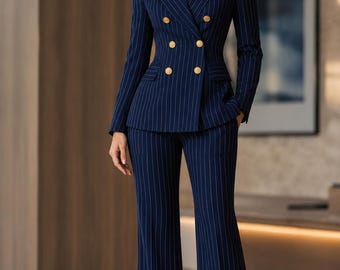 Women Navy Blue Double Breasted Blazer Suit with Pants