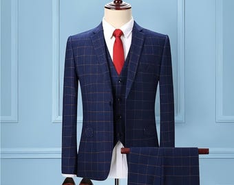 Navy Blue Three-Piece Suit Featuring Windowpane Check Pattern.