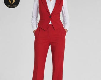 Red Tailored Women’s Vest Waistcoat with Trousers - Modern Formal Blazer Alternative Outfit