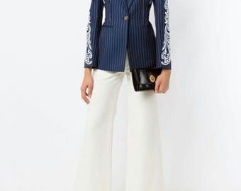 Elegant Navy Pinstripe Blazer with White Baroque Embroidery – Tailored Women’s Statement Jacket