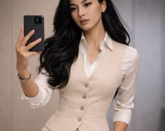 Elegante conjunto de traje con chaleco beige a medida – Elegancia moderna para la oficina