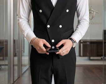 Elegant Black Double-Breasted Vest Coat for Men