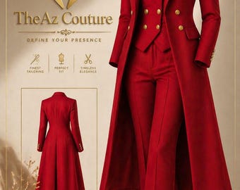 Women Red 3 Piece Luxury Long Coat Pants Set