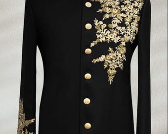 Golden Embroidered Black Prince Suit - Luxury Wedding & Formal Wear