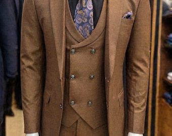 Men's Brown Single-Breasted Coat with Double-breasted Vest Coat- 3 Piece Suit