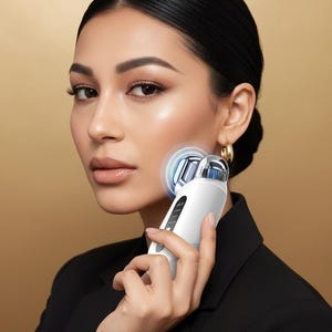 Puede incluir: Una mujer sostiene un dispositivo facial blanco y plateado cerca de su mejilla. El dispositivo tiene una luz azul y está diseñado para el cuidado de la piel. La mujer lleva una blazer negro y pendientes de aro dorados.