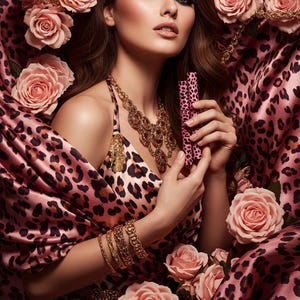 Può includere: Una persona indossa un capo con stampa leopardata rosa e nera, una vistosa collana dorata e diversi braccialetti dorati. La persona tiene in mano due tubetti cosmetici abbinati con stampa leopardata. La scena è decorata con rose rosa pallido e il testo YANQINA.