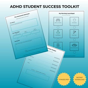 Peut inclure: Un kit d'outils de réussite pour étudiants TDAH bleu et blanc avec trois feuilles de travail : "The Homework Destroyer", "My Morning Launchpad" et un suivi de la réussite. Comprend un badge jaune "11 pages PDF" et "Téléchargement instantané".