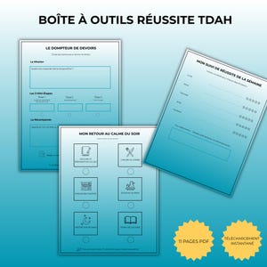 Peut inclure: Ensemble de feuilles de calcul PDF imprimables avec un fond dégradé bleu. Les feuilles de calcul comprennent des sections pour les tâches quotidiennes, le suivi hebdomadaire des progrès et les routines du soir. Le titre "BOÎTE À OUTILS RÉUSSITE TDAH" est en haut.