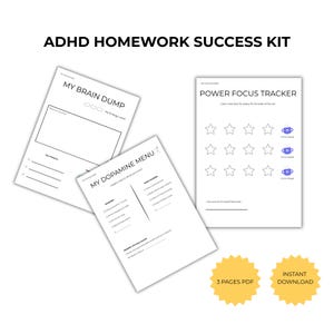 ADHD Homework Success Kit Dopamine Menu Brain Dump Focus Tracker for Kids Executive Functioning Student Study Tool Daily Checklist