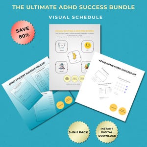 May include: A bundle of ADHD success tools, including a visual schedule, routine and reward system, student toolkit, and homework kit. The image features a blue background with text and graphics, including a "Save 80%" sticker and "Instant Digital Download" badge.