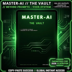 Peut inclure: Une tablette numérique affiche le texte "MASTER-AI // THE VAULT" en blanc et vert. L'écran montre "MASTER-AI THE VAULT" avec des informations sur les modules et les résultats de l'IA. L'arrière-plan présente un design de circuit imprimé vert.