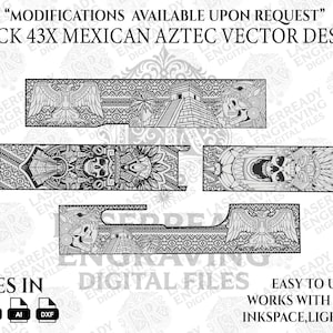 Puede incluir: Diseño vectorial en blanco y negro para Glock 43X, con imágenes de inspiración azteca. El diseño incluye ilustraciones detalladas de calaveras, pirámides y águilas. El texto en la imagen dice "MODIFICATIONS AVAILABLE UPON REQUEST" y "GLOCK 43X MEXICAN AZTEC VECTOR DESIGN."