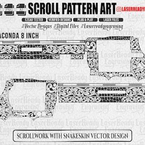 Puede incluir: Un archivo vectorial digital en blanco y negro titulado SCROLL PATTERN ART con un diseño Annaconda de 8 pulgadas. El gráfico muestra intrincados patrones de volutas combinados con una textura de piel de serpiente para grabado láser.