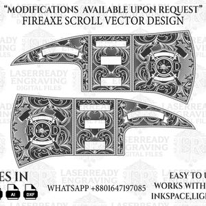 Op de afbeelding: Fireaxe scroll vector design met decoratieve krullen en de tekst "FD". Het ontwerp bevat een banner voor tekst en is beschikbaar in PNG-, SVG-, AI- en DXF-bestandsformaten. Aanpassingen zijn op aanvraag beschikbaar.