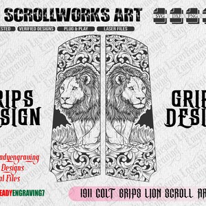 LASER READY Colt 1911 Grips Lion & Scroll Pattern — Custom Pistol Grip Panel Engraving File SVG Dxf Png for men