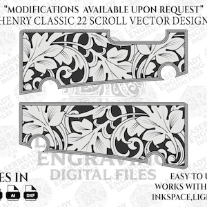 Puede incluir: Dos archivos de diseño vectorial en blanco y negro con un patrón de desplazamiento, con motivos florales y de hojas. El texto dice "HENRY CLASSIC 22 SCROLL VECTOR DESIGN" y "MODIFICATIONS AVAILABLE UPON REQUEST". Archivos disponibles en formatos PNG, SVG, AI y DXF.