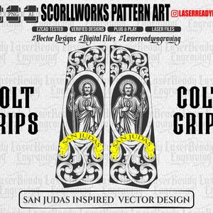 Puede incluir: Un diseño vectorial digital para cachas de Colt con un intrincado patrón de volutas en blanco y negro. El diseño muestra un marco ovalado central que contiene una figura de San Judas con una banda amarilla que dice SAN JUDAS en la base.