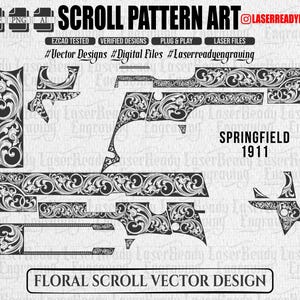 Springfield 1911 Floral Scrollwork Design | Laser Ready Engraving Files (Digital Download) SVG DXF PNG