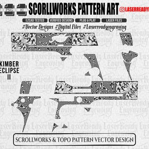 May include: A digital vector design file for laser engraving featuring intricate scrollwork and topographic patterns. The layout includes various component shapes labeled Kimber Eclipse II, with text headers SCROLLWORKS PATTERN ART and LASERREADYENGRAVING7.