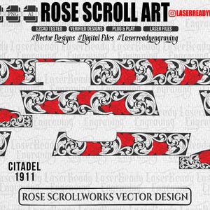 Pode incluir: Um arquivo de design vetorial digital intitulado ROSE SCROLL ART com padrões complexos de volutas em preto e branco acentuados com rosas vermelhas. O layout inclui vários segmentos para uma Citadel 1911, prontos para gravação a laser.