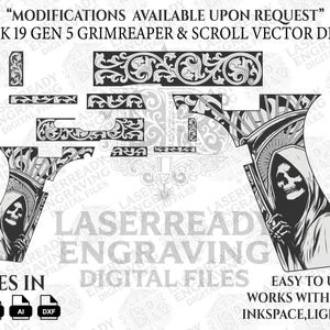 Puede incluir: Un diseño vectorial para una Glock 19 Gen 5, con un diseño de Grim Reaper y desplazamiento. La imagen incluye el texto "Modificaciones disponibles bajo petición" y "Fácil de usar, funciona con EZCAD, Inkspace, Lightburn". El diseño está disponible en formatos PNG, SVG, AI y DXF.
