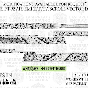 Puede incluir: Diseño vectorial en blanco y negro para un desplazamiento Taurus PT 92 AFS EMI Zapata. El diseño incluye volutas florales, retratos y texto con las frases "ES MEJOR MORIR DE PIE QUE VIVIR DE RODILLAS" y "TIERRA Y LIBERTAD".