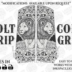 Puede incluir: Diseño de empuñadura Colt en blanco y negro con dos ilustraciones detalladas de leones. El texto "COLT GRIP" se muestra, junto con iconos de formato de archivo. El diseño incluye el texto "MODIFICATIONS AVAILABLE UPON REQUEST".