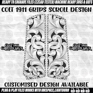 Colt1911 firearms grip scroll work pattern design laser engraving files, 1911 custom grips engraving, Scroll files Ezcad svg dxf ai