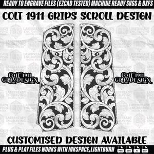 Colt1911 firearms grip scroll work pattern design laser engraving files, 1911 custom grips engraving, Scroll files Ezcad svg dxf ai