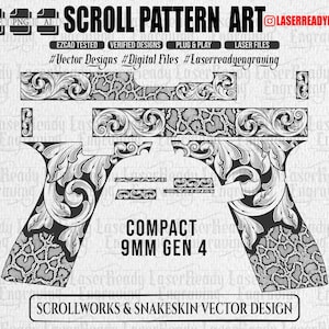 Op de afbeelding: Een zwart-wit digitaal vectorontwerp voor lasergraveren met een krul- en slangenhuismotief voor een compact 9mm Gen 4 vuurwapen. De afbeelding bevat tekstlabels zoals SCROLL PATTERN ART, COMPACT 9MM GEN 4 en SCROLLWORKS & SNAKESKIN VECTOR DESIGN.