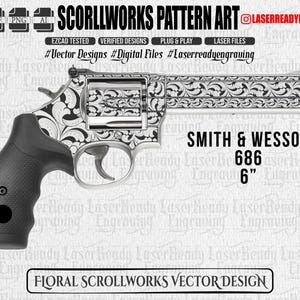 Puede incluir: Un gráfico digital de un revólver Smith & Wesson 686 6" con un intrincado patrón floral en blanco y negro grabado en el marco y el cañón. El diseño incluye etiquetas de texto para formatos de archivo y marca, presentado como un archivo vectorial.