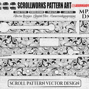 Puede incluir: Un archivo de diseño vectorial digital titulado SCROLLWORKS PATTERN ART MPA30 DMG que presenta intrincados patrones de volutas florales en blanco y negro. La imagen incluye varios iconos de formato de archivo, etiquetas de texto y un borde rectangular con el texto SCROLL PATTERN VECTOR DESIGN.