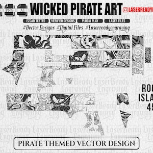 Puede incluir: Un diseño vectorial digital en blanco y negro para grabado láser titulado WICKED PIRATE ART. El gráfico presenta ilustraciones detalladas de calaveras, tentáculos y elementos náuticos para un arma Rock Island 45, incluyendo formatos SVG, DXF, PNG y AI.