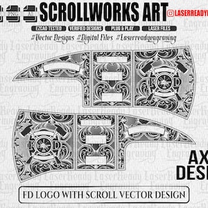 Fire Ax Fire Department Logo & Scrollwork Design | Laser Ready Engraving Files (Digital Download) SVG DXF PNG