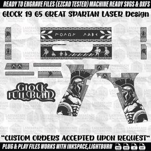 Puede incluir: Archivos de diseño láser en blanco y negro para una Glock 19 G5, con temática espartana. Incluye varios elementos de diseño, como un guerrero con casco, texto griego y patrones decorativos. El texto de la imagen dice "READY TO ENGRAVE FILES".