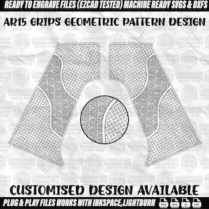 May include: Black and white geometric pattern design for AR15 grips. The design includes two grip panels and a circular element, all featuring intricate geometric patterns. Text at the top reads "READY TO ENGRAVE FILES". The bottom text says "CUSTOMISED DESIGN AVAILABLE".