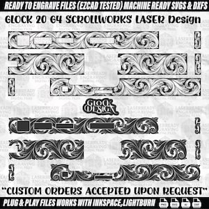 Puede incluir: Archivos SVG y DXF listos para láser para el diseño Scrollworks de Glock 20 G4. Incluye varios patrones decorativos de volutas para grabar. El texto en la imagen dice: "READY TO ENGRAVE FILES" y "CUSTOM ORDERS ACCEPTED UPON REQUEST". Compatible con Inkscape y Lightburn.
