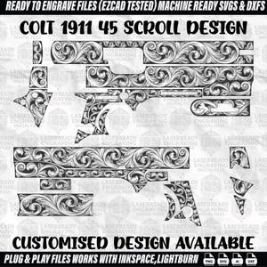 Puede incluir: Archivos de diseño digital en blanco y negro para un diseño de desplazamiento Colt 1911 .45. La imagen incluye el texto "READY TO ENGRAVE FILES" y "CUSTOMISED DESIGN AVAILABLE". Adecuado para grabado láser, con formatos de archivo SVG y DXF.
