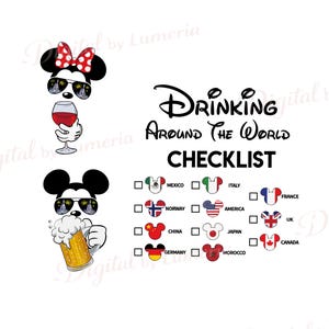 Könnte beinhalten: Eine weiße Grafik mit Mickey und Minnie Mouse-Charakteren mit Sonnenbrille, die ein Weinglas und ein Bier halten. Der Text lautet "Drinking Around The World Checklist" mit Länderflaggen.