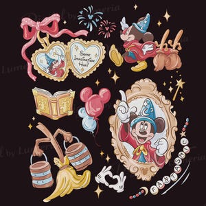 May include: A digital illustration featuring a heart-shaped locket with a pink bow and the text Some Imagination Hun, a wizard mouse in a blue hat and red robe, a spellbook, balloons, a broom carrying buckets, and a framed portrait of the mouse.
