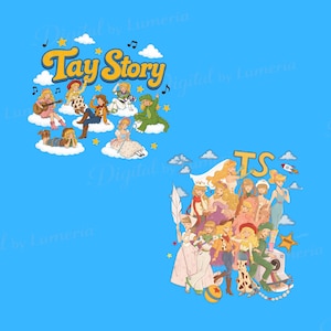 May include: A digital graphic design featuring the text Tay Story in yellow with orange outlines, accompanied by illustrations of characters in various outfits on clouds. A second group of characters is clustered below with the letters TS and a rocket.