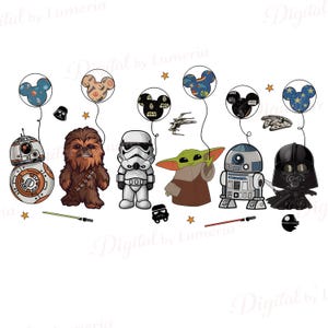 Puede incluir: Ilustraci&oacute;n colorida de personajes de Star Wars y globos tem&aacute;ticos de Mickey Mouse. Los personajes incluyen a BB-8, Chewbacca, un Stormtrooper, Grogu, R2-D2 y Darth Vader. Los globos presentan patrones de Star Wars. Incluye un sable de luz, estrellas y una nave espacial.